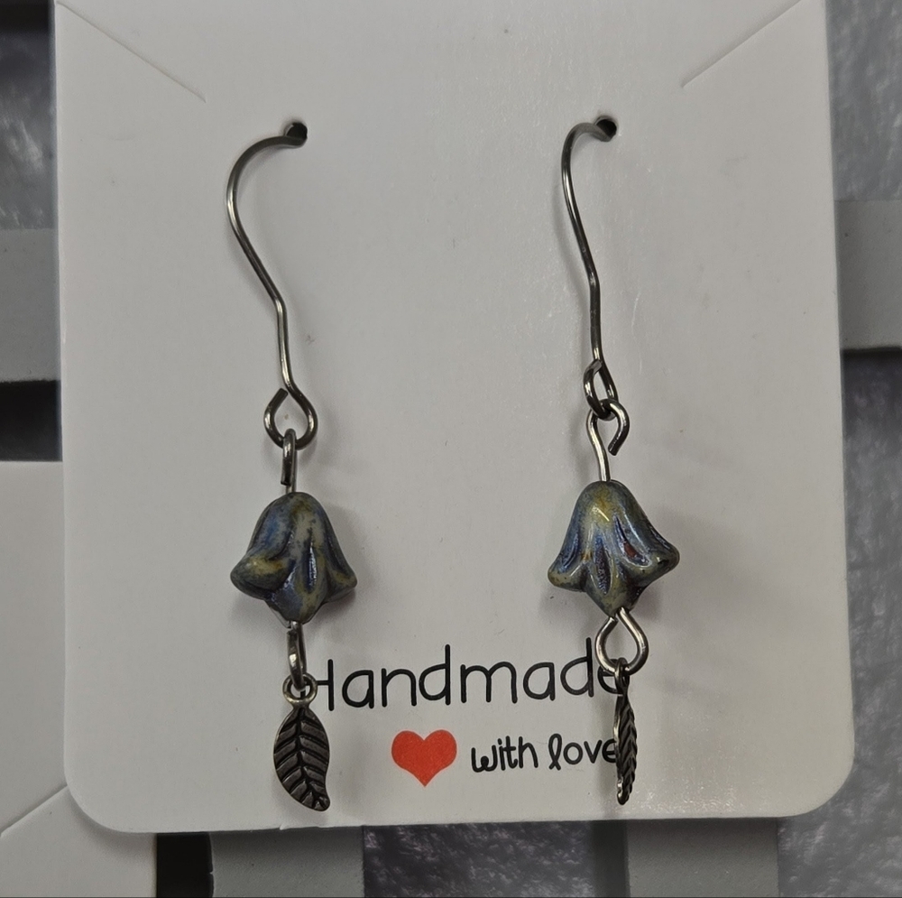 Handmade Czech Glass Floral Earrings with A Leaf Charm Dangle NWT